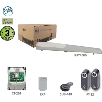 Pohon brány RAYKIT pro jednokřídlou bránu do 4 m/kř., 1x pohon RAY4000 230 V, 280 W, 2000 N, 1x SUB-44R, 1x CT-202, 1x RX4, 1 pár FT-22