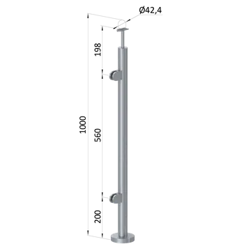 Nerezový sloup, vrchní kotvení, výplň: sklo, levý, vrch pevný (ø 42,4x2 mm), leštěná nerez / AISI304