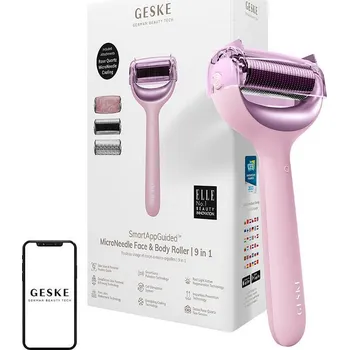 Masážní přístroj Mikrojehličkový váleček / derma roller na obličej a tělo 9v1 Geske s aplikací (růžový)