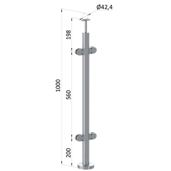 Zábradlí Nerezový sloup, vrchní kotvení, výplň: sklo, průchozí, vrch pevný (ø 42,4x2 mm), leštěná nerez / AISI304