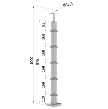Zábradlí Nerezový sloup, vrchní kotvení, 5 řadový rohový, vrch pevný (40x40mm), broušená nerez K320 /AISI304