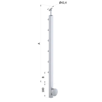 Zábradlí Nerezový sloup, boční kotvení, 6 řadový průchodný, venkovní, vrch nastavitelný, (40x40 mm), broušená nerez K320 / AISI304