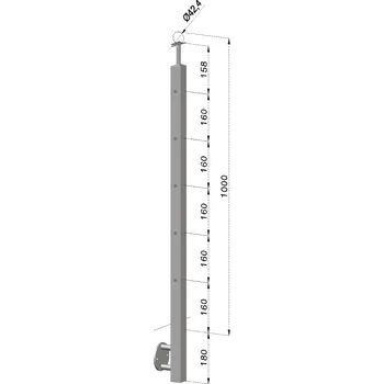 Nerezový sloup, boční kotvení, 5 děrový koncový, levý, vrch pevný, (40x40 mm), broušená nerez K320 / AISI304