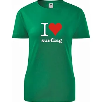 Dámské tričko Zelené dámské tričko I love surfing - triko srdce - barva zelená - velikost M