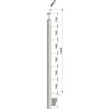Nerezový sloup, boční kotvení, 5 děrový koncový, pravý, vrch pevný, (40x40 mm), broušená nerez K320 / AISI304