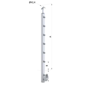 Zábradlí Nerezový sloup, boční kotvení, 6 řadový průchodný, vnitřní, vrch nastavitelný, (40x40 mm), broušená nerez K320 / AISI304