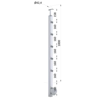 Zábradlí Nerezový sloup, boční kotvení, 5 řadový průchodný, vnitřní, vrch pevný, (40x40 mm), broušená nerez K320 / AISI304