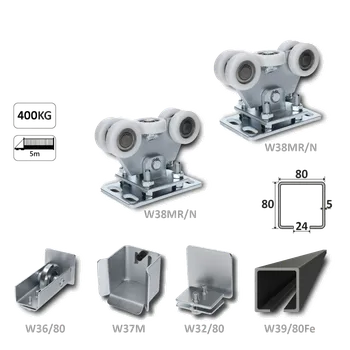 Samonosný systém 80x80x5 mm pro posuvné brány do 300 kg / 5 m průjezd (W39/80Fe 6 m černý profil, 2x W35MR/N, 1x W36/80, 1x W37M, 1x W32/80)