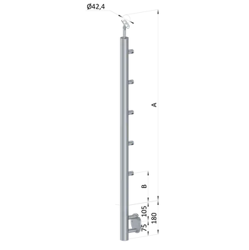 Zábradlí Nerezový sloup, boční kotvení, 5 řadový průchodný, vnitřní, vrch nastavitelný (ø 42,4x2 mm), broušená nerez K320 / AISI316