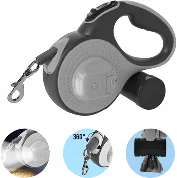 Vodítko pro psa VODÍTKO PRO PSA KOČKU AUTOMATICKÁ SILNÁ PÁSKA 5 M SVÍTILNA A ZÁSOBNÍK NA SÁČKY