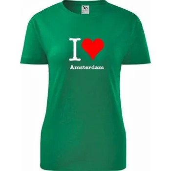 Dámské tričko Zelené dámské tričko I love Amsterdam - dárek pro kamarádku z Holandska - barva zelená - velikost L