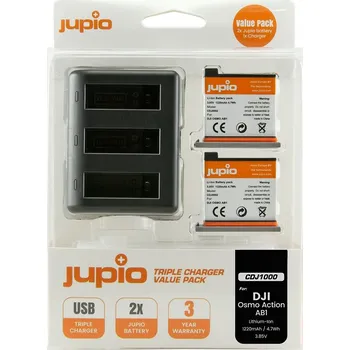 Set Jupio 2x Battery DJI Osmo Action AB1 1220mAh + Compact USB Triple Charger CDJ1000