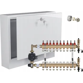 rozdělovač topení Rozdělovač pro podlahové topení 10 okruhů s GRUPOU GRUNDFOS + PEX trubky + SKŘÍŇKA NA OMÍTKU