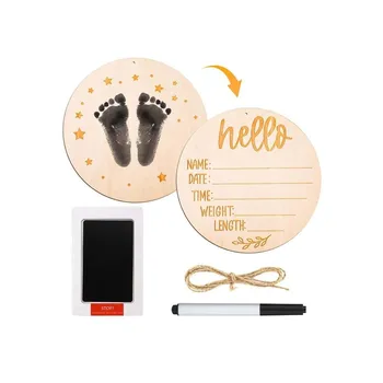 Dekorace do dětského pokoje Sada cedulí s oznámením o narození dítěte, 15cm dřevěná cedule s inkoustovou podložkou na otisky