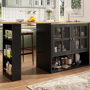 Jídelní stůl Otočný barový stolek 360° Skříňka Kredenc, černá s policí 138-204 x 39 x 102.5 cm