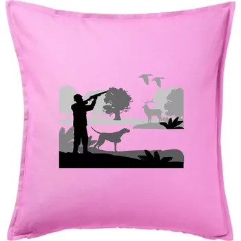 Polštář Lovec a ohař v lese - Polštář 50x50 - 50x50 - Včetně výplně ( Růžová )