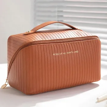 Kosmetická taška VELKÁ KOSMETICKÁ TAŠKA OTEVÍRACÍ CESTOVNÍ TAŠKA HNĚDÁ KŮŽE MNOHO PŘIHRÁDEK