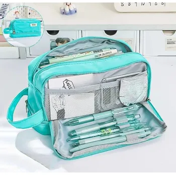 Penál Přehledný velký školní penál s kapsami | penál, pouzdro - Zelený