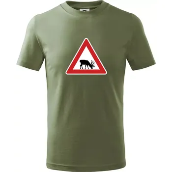 Dopravní značka - Pozor los - Tričko dětské bavlněné - 98 cm / 2 roky ( Khaki )