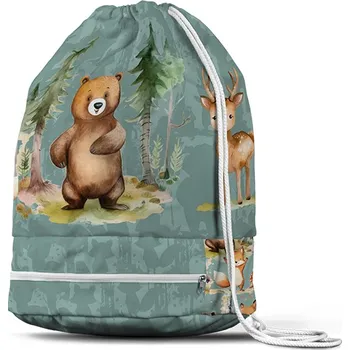 Panel se střihem na sportovní vak lesní dobrodružství zvířátek tmavá máta
