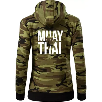 Dámská mikina Nápis Muay Thai - Dámská mikina trendy zipper s kapucí - XL ( Zelený maskáč )