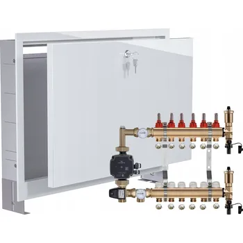 rozdělovač topení Rozdělovač pro podlahové topení 6 okruhů s GRUPOU GRUNDFOS + PEX trubky + PODOMÍTKOVÁ SKŘÍŇKA