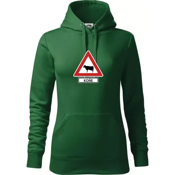 Dámská mikina Dopravní značka - Pozor koně / kráva - Mikina dámská Cape s kapucí - S ( Lahvově zelená )
