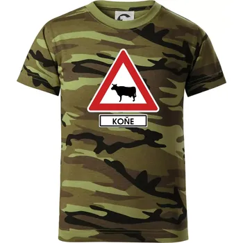 Dopravní značka - Pozor koně / kráva - Dětské maskáčové triko - 146 cm/10 let ( Zelený maskáč )