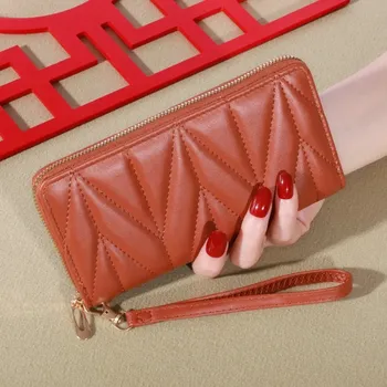 Peněženka Dlouhá kožená peněženka na zip | dámská peněženka, kožená peněženka - Hnědý