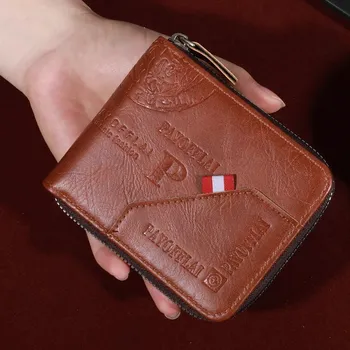 Pánská peněženka se zipem na karty | pánská peněženka, kožená peněženka - Světle hnědá