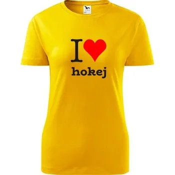 Žluté dámské tričko I love hokej - barva žlutá - velikost XL