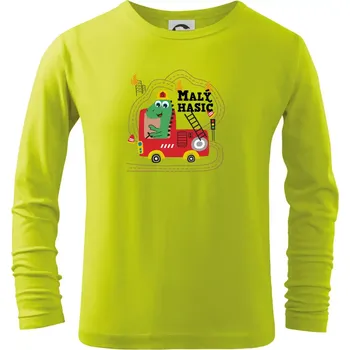 Dětská móda Malý hasič - auto a dinosaurus - Triko dětské Long Sleeve - 146 cm/10 let ( Limetková )