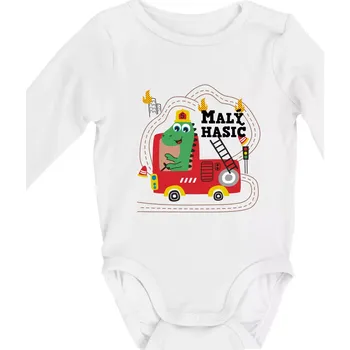 Kojenecký body Malý hasič - auto a dinosaurus - Body kojenecké s dlouhým rukávem - Dlouhý r. do 3 měs ( Bílá )