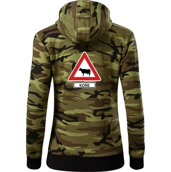 Dámská mikina Dopravní značka - Pozor koně / kráva - Dámská mikina trendy zipper s kapucí - XS ( Zelený maskáč )