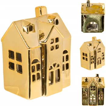 Svícen Svícen Domeček keramický na čajovou svíčku zlatý malý - 10,7x14,5 cm - keramika