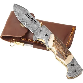 kapesní nůž Exkluzivní nůž z damascénské oceli a damascénskou rukojetí vykládanou paroží jelena