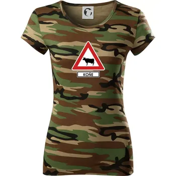 Dopravní značka - Pozor koně / kráva - Dámské maskáčové triko - S ( Hnědý maskáč )