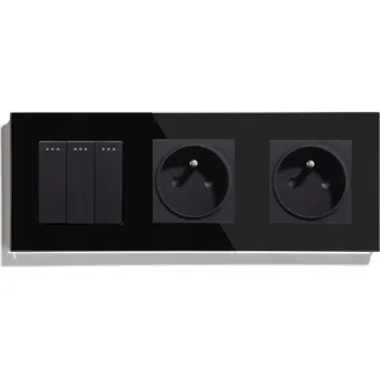 vypínač TROJITÝ SPÍNAČ 3K TLAČÍTKOVÝ MECHANICKÝ + 2x ZÁSUVKA SKLENĚNÝ SPÍNAČ