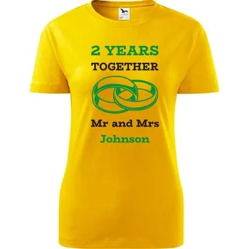 Dámské tričko Žluté dámské tričko k výročí svatby - Mr and Mrs - žluté prstýnky - dárek k výročí k svatby - volitelný počet let - barva žlutá - velikost S