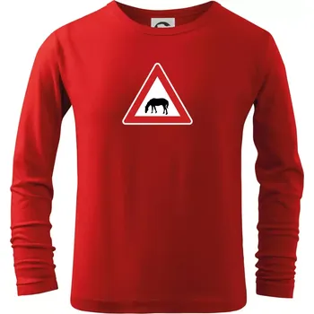 Chlapecké tričko Dopravní značka - Pozor pasoucí se kůň - Triko dětské Long Sleeve - 134 cm/8 let ( Červená )