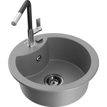 Kuchyňský dřez MEXEN/S - Diego granitový dřez 1-miska včetně baterie Flora, šedá 6512-71-670401-07-B