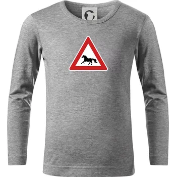 Chlapecké tričko Dopravní značka - Pozor kůň běžící - Triko dětské Long Sleeve - 134 cm/8 let ( Tmavě šedý melír )