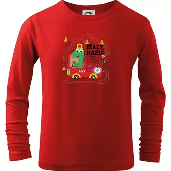Malý hasič - auto a dinosaurus - Triko dětské Long Sleeve - 146 cm/10 let ( Červená )