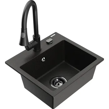 Granitový dřez MEXEN/S - Milo granitový dřez 1-miska včetně baterie Elia, černá/zlatá metalik 6505-75-670101-70-B