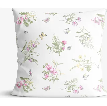 Povlak na dekorativní polštářek Bavlněný povlak na polštář - Barevné luční květiny na bílém 45 x 45 cm