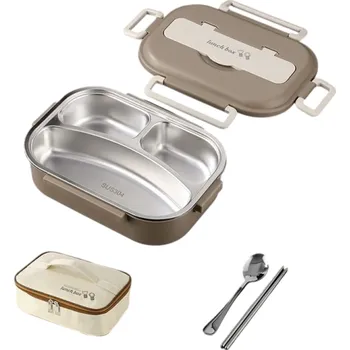 Termobox Nerezová izolační krabička na oběd 1000 ml 3 přihrádky Přenosná s taškou Lžíce Hůlky Obědová termonádoba do školy i práce hnědá