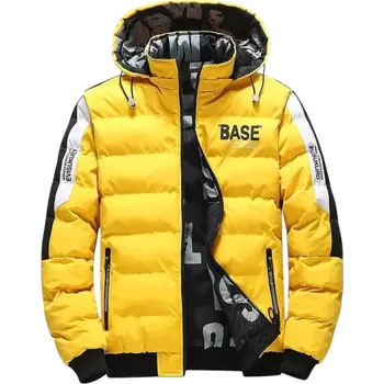 Pánská zimní bunda s kapucí Zateplená bunda s nápisy na rukávech a podšívce Zapínání na zip Elastické manžety Městský styl do zimy žlutá XS