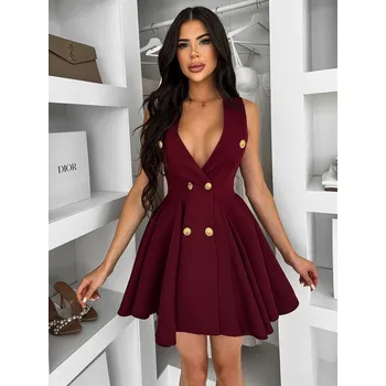 Dámské šaty Bordó áčkové krátké šaty ENYALA s knoflíky Velikost: M