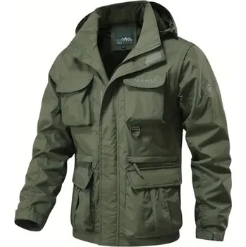 Pánská větrovka Pánská outdoorová bunda se zipem a vícenásobnými kapsami Větruodolná bunda s odepínacími rukávy a kapucí Sportovní bunda do přírody zelená XL