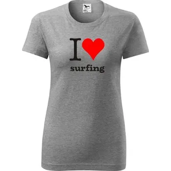 Šedé dámské tričko I love surfing - tričko se srdcem - barva šedá - velikost XL